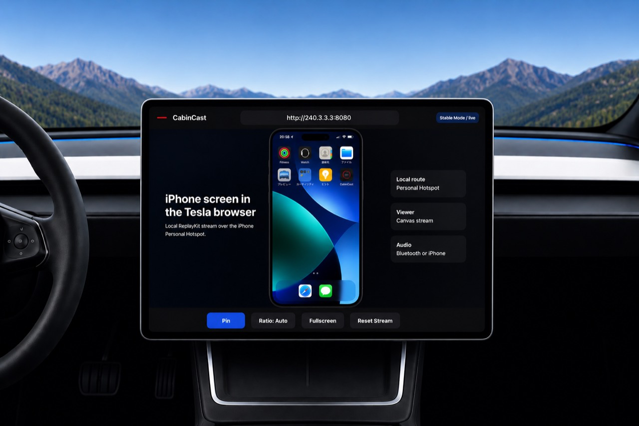 CabinCast shown on a Tesla-style center display with an iPhone Home Screen inside.
