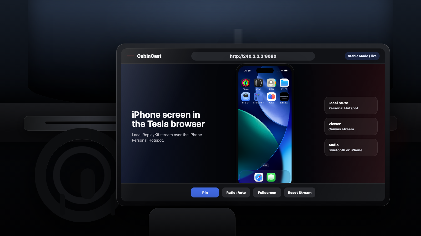 CabinCast viewer shown on a Tesla-style center display with an iPhone Home Screen mirrored inside.